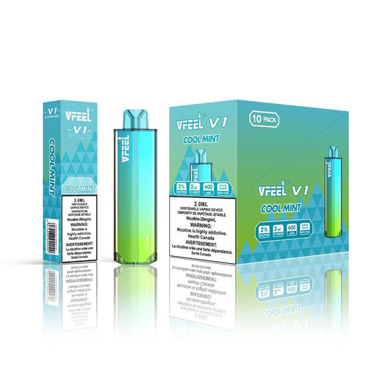 VFEEL V1 Cool Mint disposable vape device with its single-unit box and 10-pack carton featuring a teal and lime green gradient design with geometric patterns.