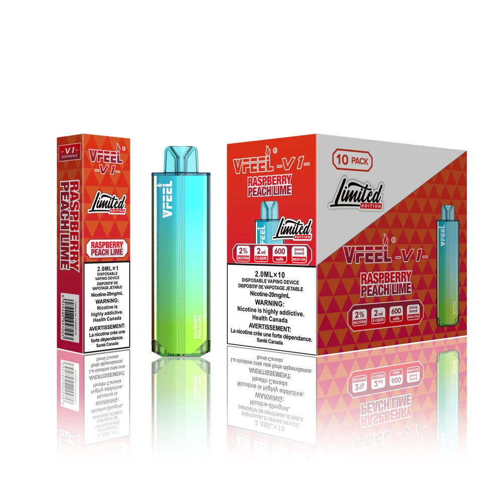 VFEEL V1 Raspberry Peach Lime disposable vape device shown with its individual box and a 10-pack display carton featuring a red and white geometric design.