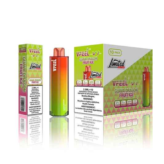 VFEEL V1 Guava Dragon Fruit Ice disposable vape device featuring a gradient orange and green body shown alongside its individual box and a 10-pack display carton on a reflective white surface.