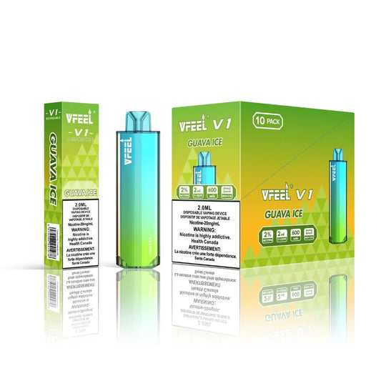 VFEEL V1 Guava Ice disposable vape featuring a blue and lime green gradient device alongside its matching green and yellow 10-pack box and individual packaging.