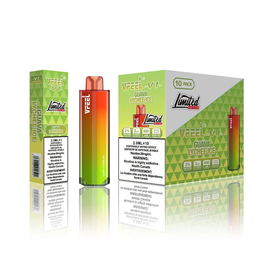 VFEEL V1 Guava Lychee Ice disposable vape with a gradient orange and green body shown alongside its single unit and 10-pack limited edition packaging featuring health warnings and product specifications.