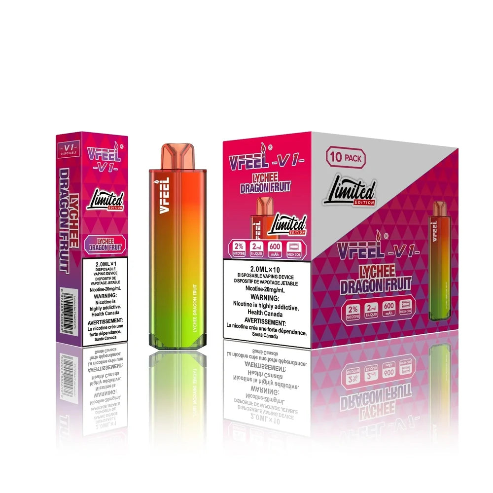 VFEEL V1 Lychee Dragon Fruit disposable vape device with a gradient orange and green finish shown alongside its individual pink packaging and a 10-pack display box.