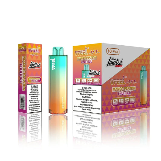 VFEEL V1 Mango Passion Fruit Ice disposable vape with a gradient teal and orange metallic finish, shown alongside its single-unit box and 10-pack carton featuring Limited Edition branding and Health Canada nicotine warnings.
