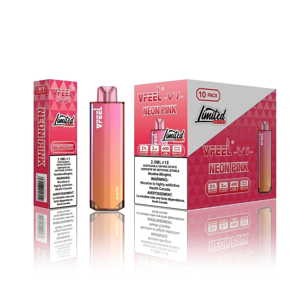 VFEEL V1 Neon Pink disposable vape shown with its individual box and a 10-pack display carton featuring a pink gradient design and Limited Edition branding.