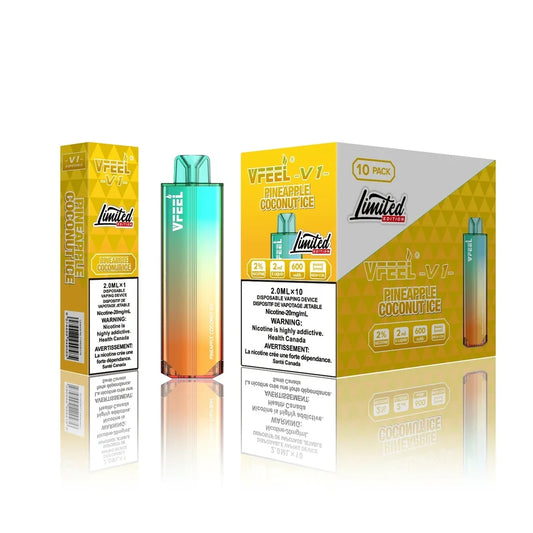 VFEEL V1 Pineapple Coconut Ice disposable vape with its yellow and white 10-pack box and individual packaging featuring a gradient teal and orange device.