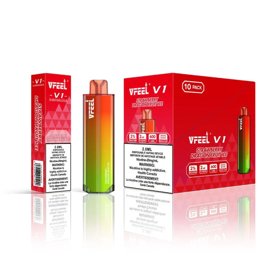 VFEEL V1 Strawberry Dragon Fruit Ice disposable vape featuring a gradient orange and green device alongside its red single-unit box and 10-pack display carton.