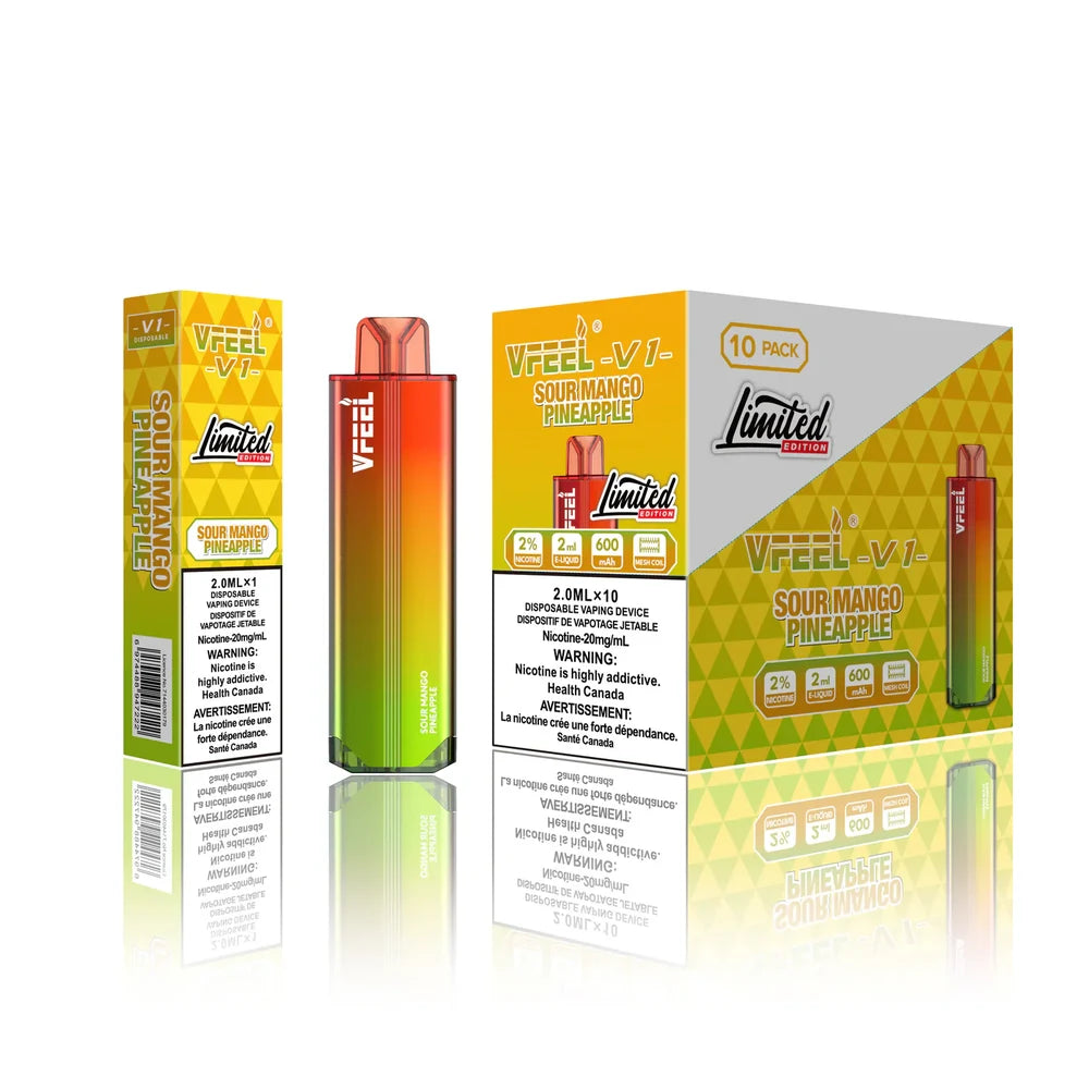 VFEEL V1 Sour Mango Pineapple disposable vape device with its single-unit box and 10-pack carton featuring a yellow and green gradient design on a white reflective surface.