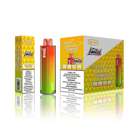 VFEEL V1 Sour Mango Pineapple disposable vape device with its single-unit box and 10-pack carton featuring a yellow and green gradient design on a white reflective surface.