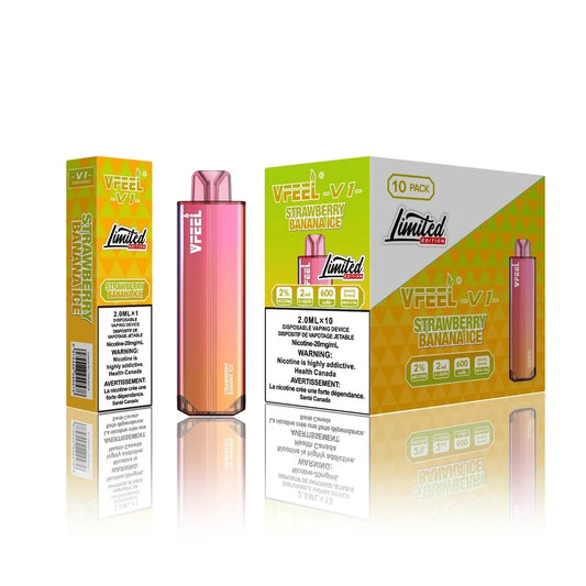 VFEEL V1 Strawberry Banana Ice disposable vape with its individual box and a 10-pack display carton featuring a pink and orange gradient device and yellow-green geometric packaging.